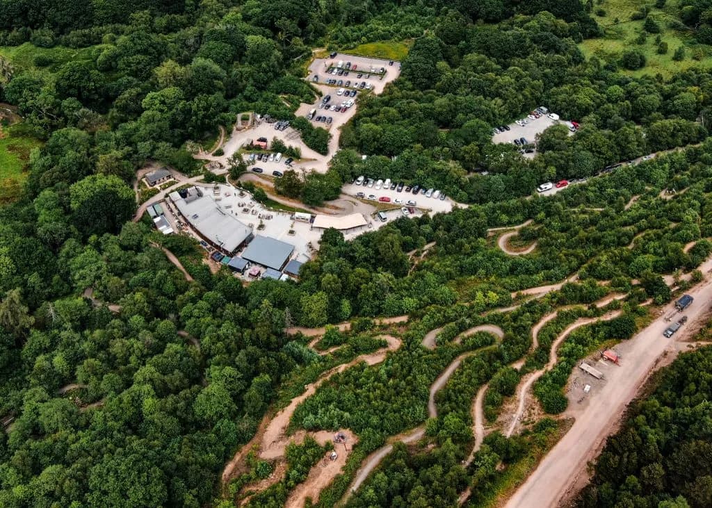 Aerial drone shot of Bike Park Wales mountain biking in Merthyr Tydfil South Wales